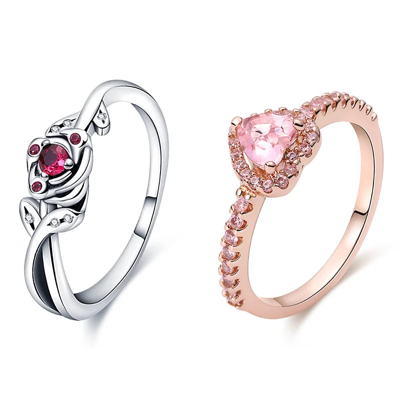 Pink Heart & Rose Flower Rings